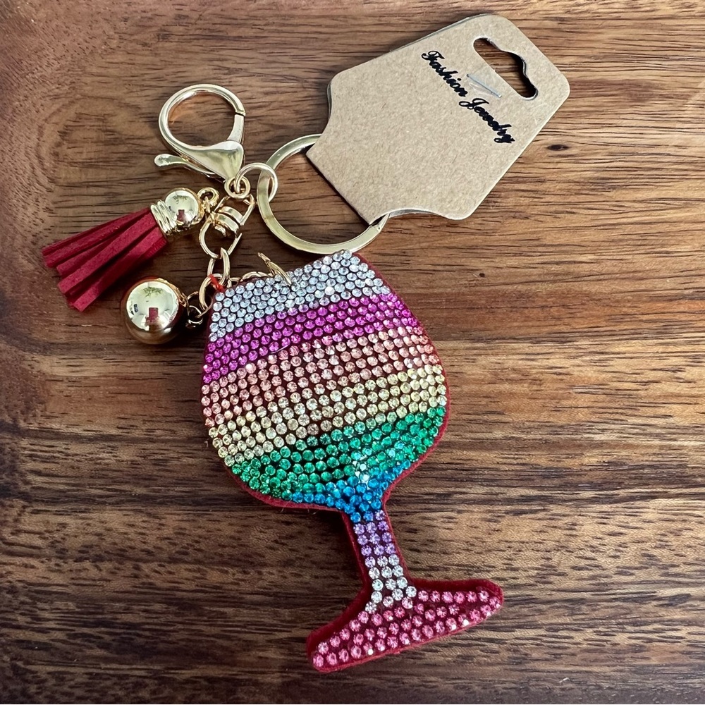Multi-Color Bling Rhinestone Wine Glass Puffy Tassel Key Chain Purse‎ Charm - Picture 5 of 5